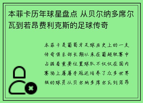 本菲卡历年球星盘点 从贝尔纳多席尔瓦到若昂费利克斯的足球传奇